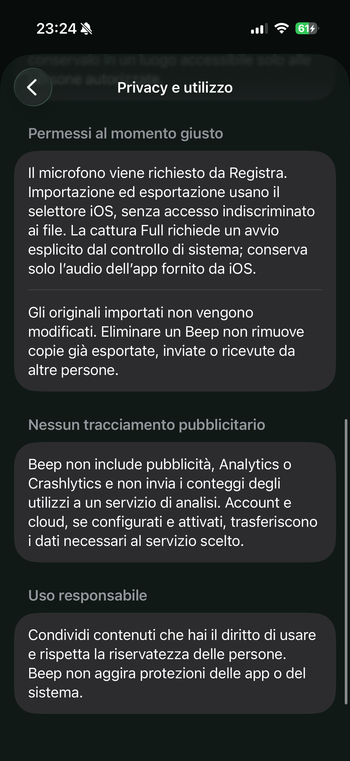 Schermata privacy e utilizzo di Beep